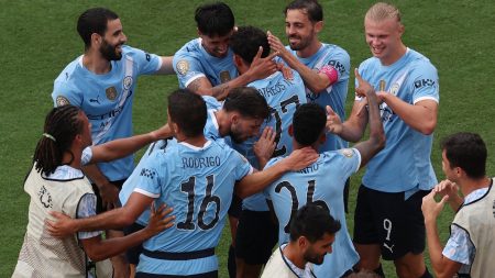 [Subscription Customers Only] Jun 26, 2025; Orlando, Florida, USA; Manchester City forward Erling Haaland (9) celebrates scoring their third goal with team during a group stage match of the 2025 FIFA Club World Cup at Camping World Stadium.