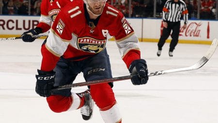Jonathan Huberdeau #11 of the Florida Panthers skates for position against the Vegas Golden Knights at the FLA Live Arena on January 27, 2022 in Sunrise, Florida