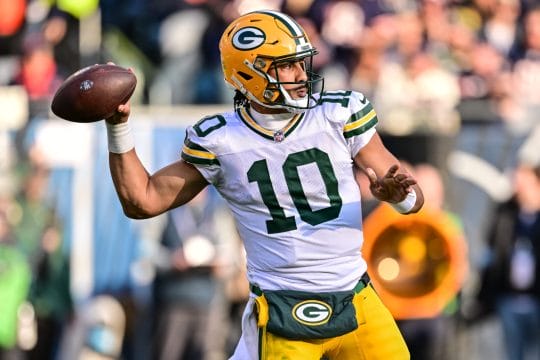 Nov 17, 2024; Chicago, Illinois, USA; Green Bay Packers quarterback Jordan Love (10) passes the ball against the Chicago Bears during the third quarter at Soldier Field.
