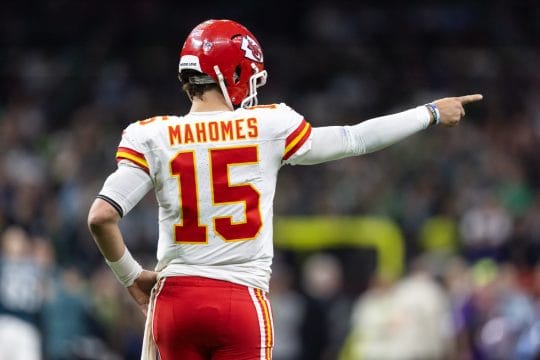 Detailed view of the jersey of Kansas City Chiefs quarterback Patrick Mahomes (15) against the Philadelphia Eagles in Super Bowl LIX at Ceasars Superdome.