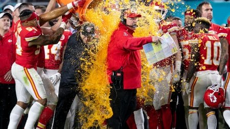 Kansas City Chiefs Head Coach Andy Reid is doused with Gatorade during the closing seconds of Super Bowl LIV at Hard Rock Stadium Feb. 2, 2020 in Miami Gardens. BILL INGRAM/The Palm Beach Post Super Bowl Kansas City Chiefs Vs San Francisco 49ers
