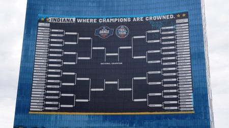 Mar 22, 2021; Indianapolis, Indiana, USA; The 2021 Final Four March Madness playoff bracket is displayed on the JW Marriott hotel.