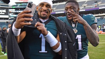 Philadelphia Eagles quarterback Jalen Hurts (1) and wide receiver A.J. Brown (11) walks off the field after win against the Tennessee Titans at Lincoln Financial Field.