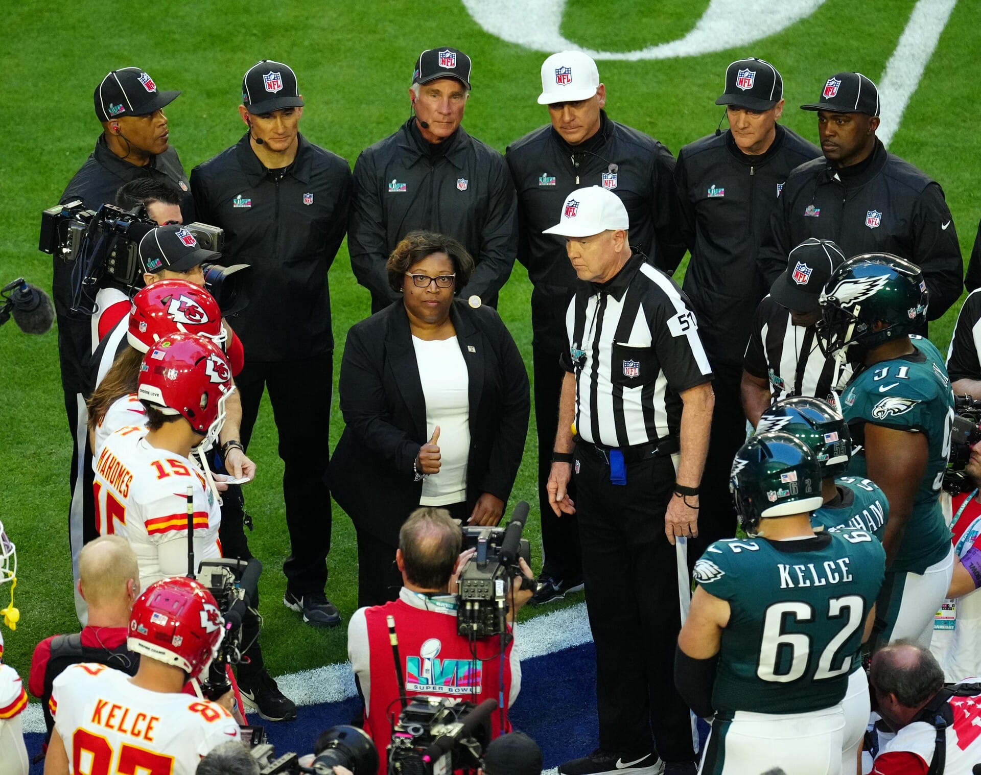 Feb 12, 2023; Glendale, AZ, USA; General view of the coin toss in Super Bowl LVII between the Kansas City Chiefs and Philadelphia Eagles at State Farm Stadium.