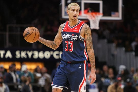 Nov 1, 2023; Atlanta, Georgia, USA; Washington Wizards forward Kyle Kuzma (33) dribbles against the Atlanta Hawks in the second half at State Farm Arena.