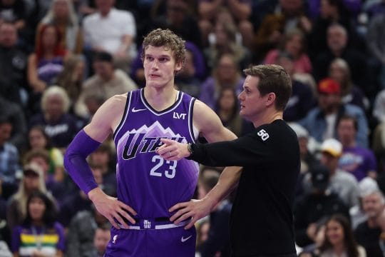 Nov 17, 2023; Salt Lake City, Utah, USA; Utah Jazz forward Lauri Markkanen (23) and head coach Will Hardy speak while the Phoenix Suns shoot free throws in the fourth quarter at Delta Center.