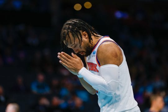 Nov 18, 2023; Charlotte, North Carolina, USA; New York Knicks guard Jalen Brunson (11) pauses for a moment before the start of the game against the Charlotte Hornets at Spectrum Center.