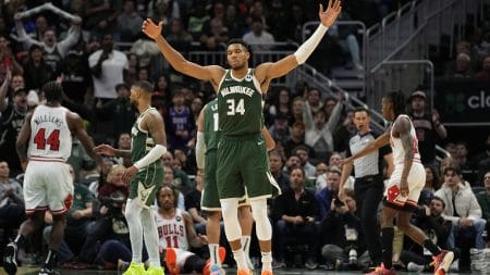 Dec 11, 2023; Milwaukee, Wisconsin, USA; Milwaukee Bucks forward Giannis Antetokounmpo (34) reacts to a call during overtime against the Chicago Bulls at Fiserv Forum.