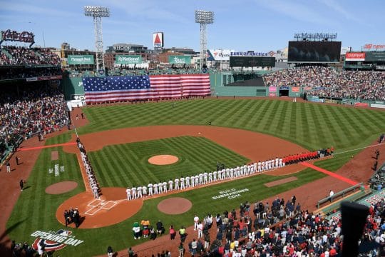 Apr 9, 2024; Boston, Massachusetts, USA; Opening day ceremonies at Fenway Park before a game between the Boston Red Sox and the Baltimore Orioles.