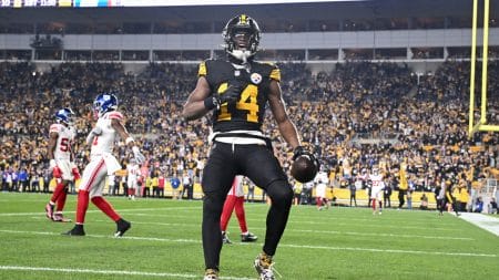 Oct 28, 2024; Pittsburgh, Pennsylvania, USA; Pittsburgh Steelers wide receiver George Pickens (14) celebrates a touchdown pass that was called back for a penalty against the New York Giants during the first half at Acrisure Stadium.