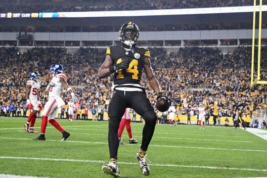 Oct 28, 2024; Pittsburgh, Pennsylvania, USA; Pittsburgh Steelers wide receiver George Pickens (14) celebrates a touchdown pass that was called back for a penalty against the New York Giants during the first half at Acrisure Stadium.