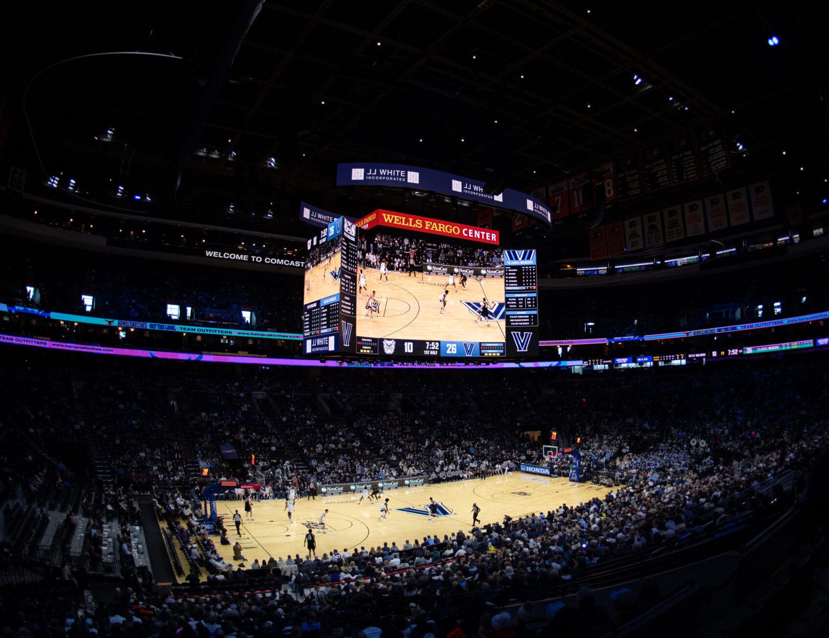 A wide interior view of the Wells Fargo Center during the mens college basketball game between the Butler Bulldogs and Villanova Wildcats on January 16, 2022, at Wells Fargo Center in Philadelphia, PA
